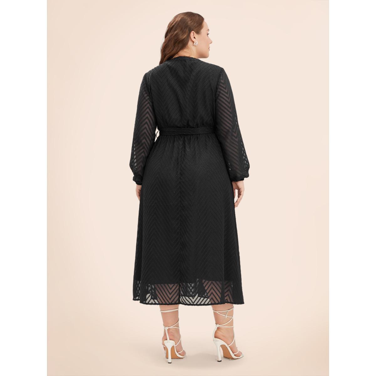 Plus Size Solid Geometric Pocket Mesh Lantern Sleeve Belted Dress Navy Women Office Pocket Flat collar with V-notch Short sleeve Curvy Midi Dress BloomChic 22-24/3X Product Image