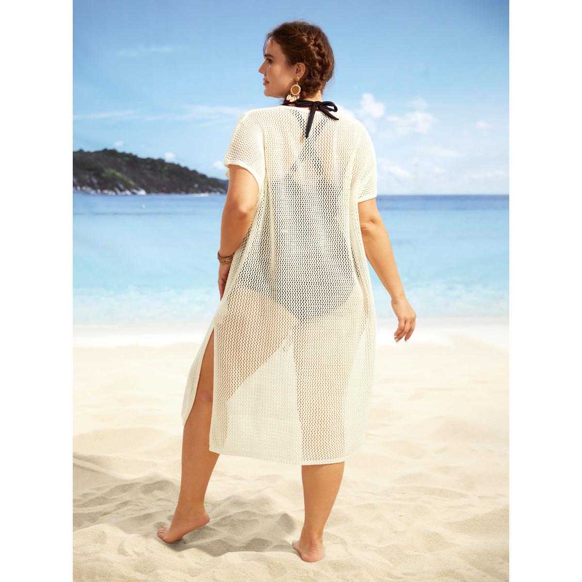 Plus Size Stereo Flower Design Slit Hem Swim Cover Up Women's Swimwear Ivory Beach Loose Crochet Curve Swim Cover Ups BloomChic 14-16/1X Product Image