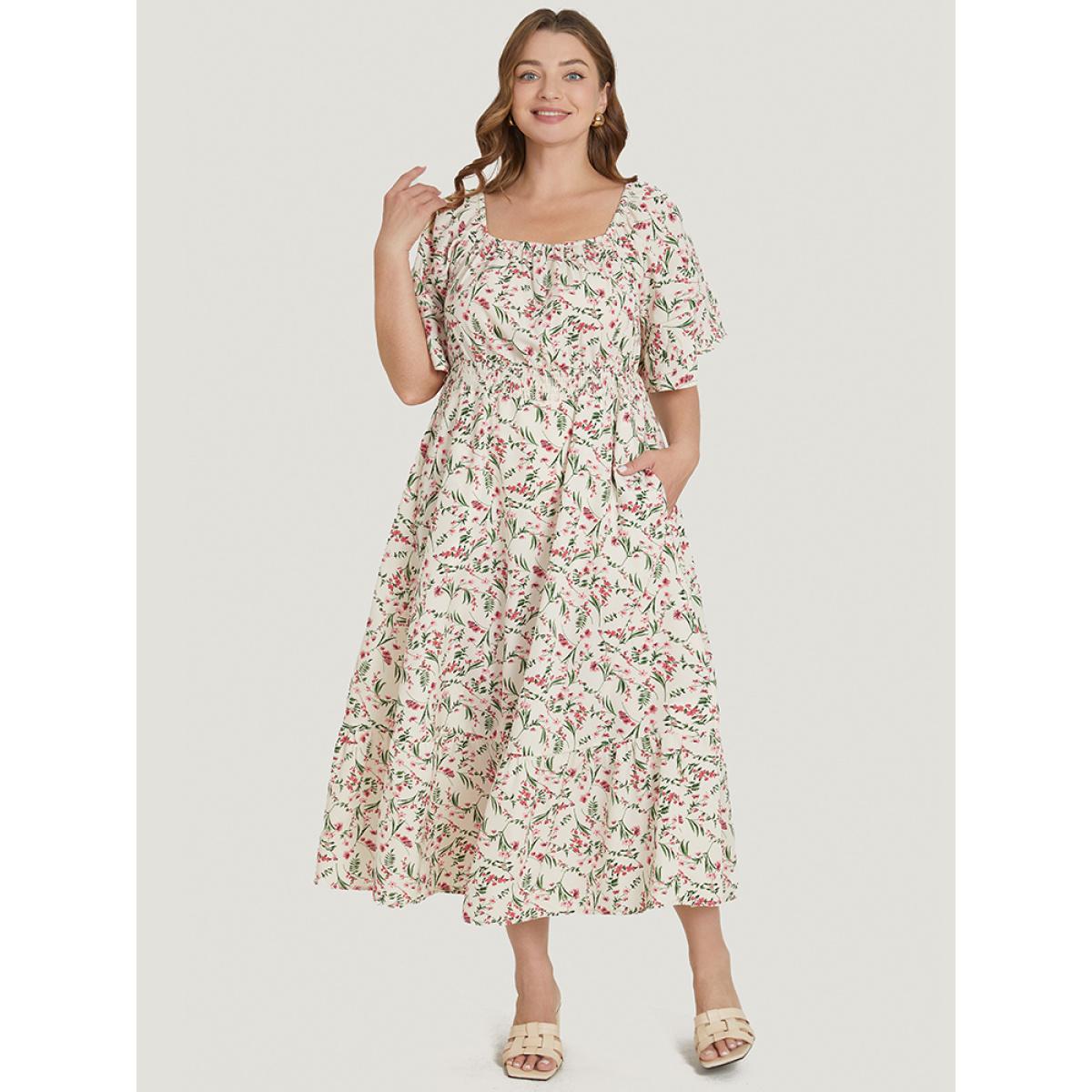 Plus Size Ditsy Floral Pocket Square Neck Shirred Ruffles Dress White Women Elegant Non Square Neck Short sleeve Curvy Midi Dress BloomChic 18-20/2X Product Image