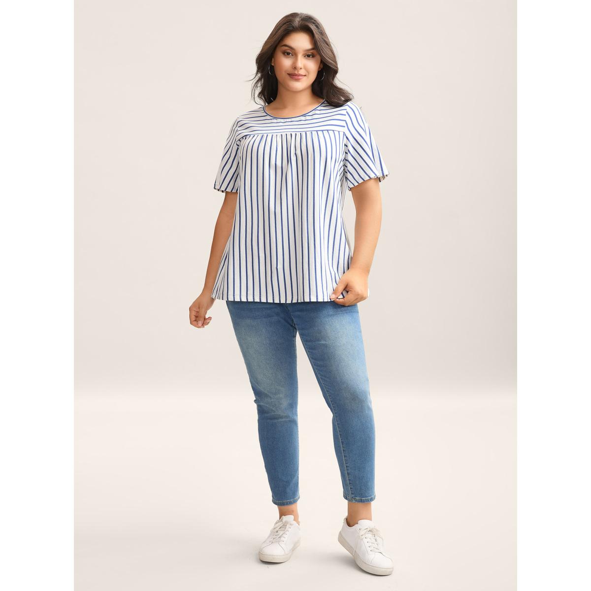 Plus Size Stripes Everywhere Round Neck T-Shirt DarkBlue Women Gathered Round Neck Everyday-Casual T-shirts BloomChic 28/5X Product Image