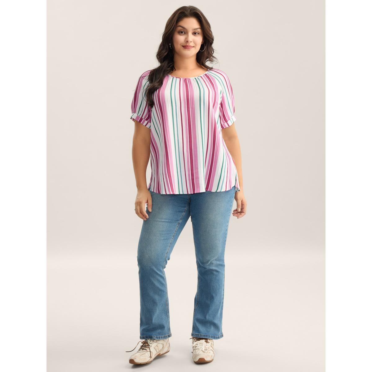 Plus Size Multicolor Stripe Print Round Neck Blouse Women Short sleeve Round Neck Everyday-Casual Blouses BloomChic 22-24/3X Product Image