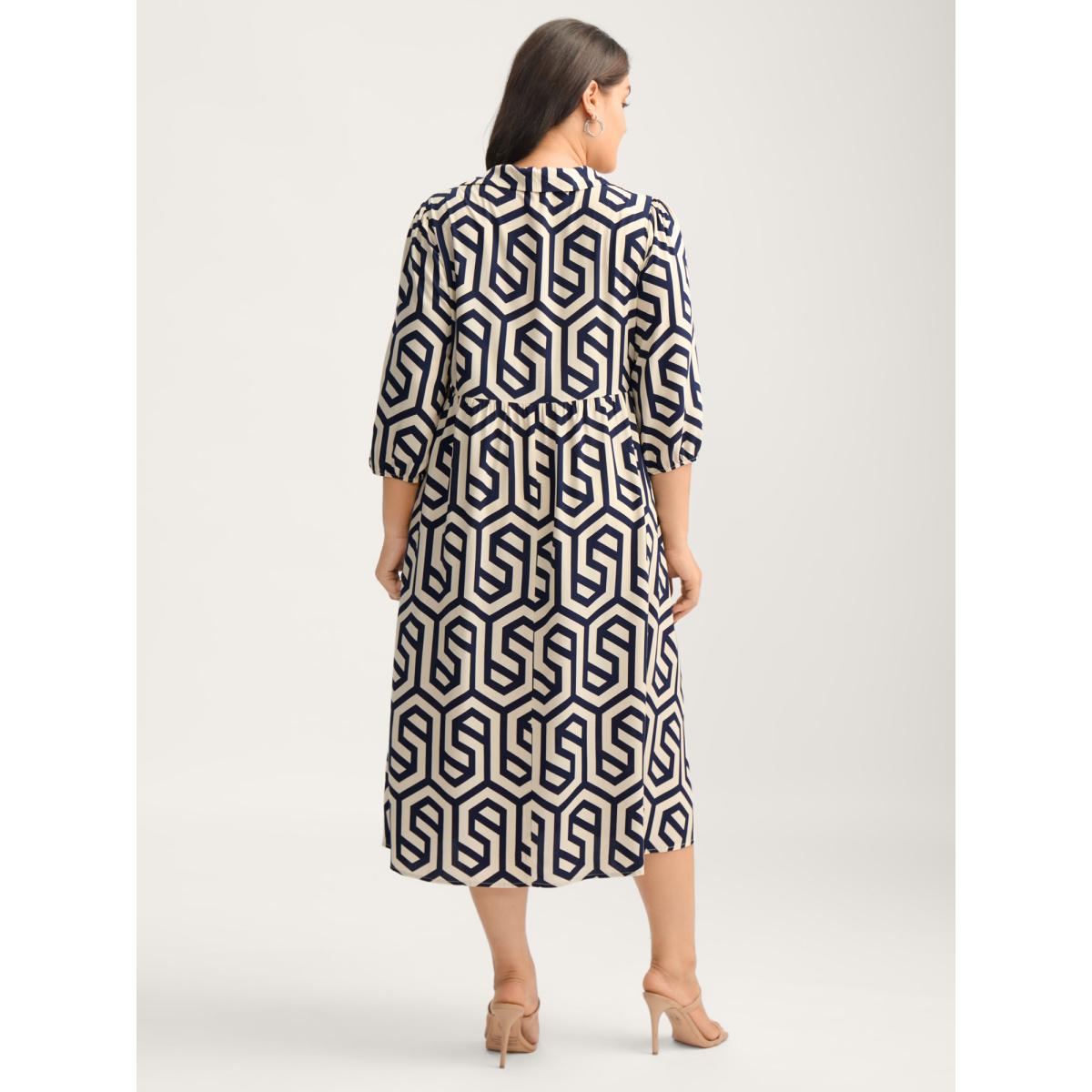 Plus Size Rayon Geometric Pattern Button Midi Dress DarkBlue Women Shirt collar Elbow-length sleeve Curvy BloomChic 22-24/3X Product Image