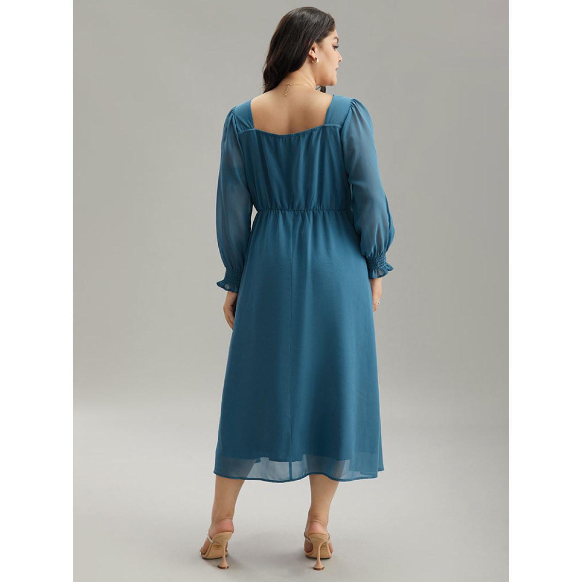 Plus Size Chiffon Square Neck Shirred Lantern Sleeve Split Hem Dress Aegean Women Glamour Plain Square Neck Long Sleeve Curvy Midi Dress BloomChic 18-20/2X Product Image