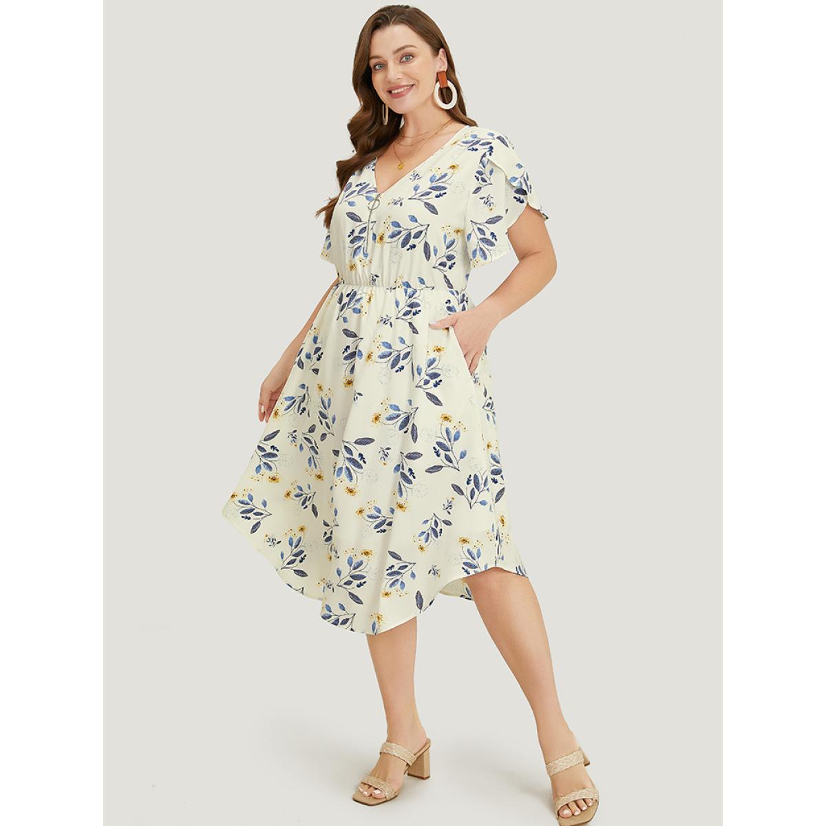 Plus Size Floral Arc Hem Pocket Split Petal Sleeve Zip Up Dress Ivory Women Office Lined V-neck Short sleeve Curvy Midi Dress BloomChic 14-16/1X Product Image