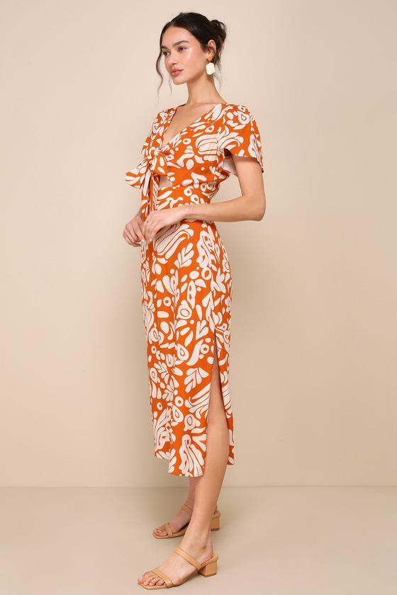 Energetic Charm Rust Orange Abstract Tie-Front Midi Dress Product Image