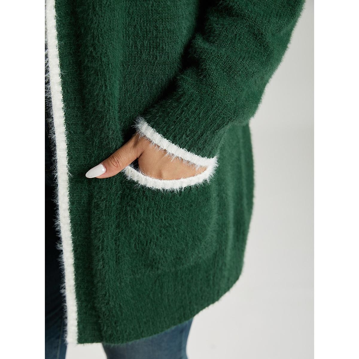 Plus Size Contrast Trim Fuzzy Patched Pocket Cardigan DarkGreen Women Casual Loose Long Sleeve Festival-Christmas Cardigans BloomChic 28/5X Product Image