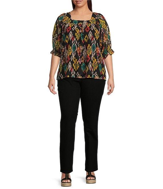 Calessa Plus Size Mesh Knit Abstract Ikat Print Square Neck Elbow Sleeve Tunic Product Image