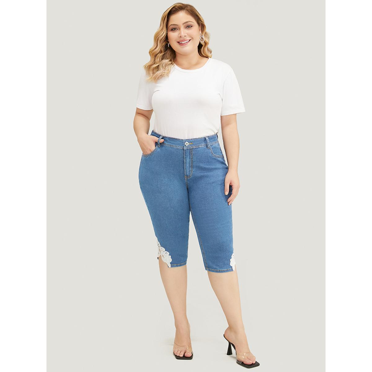 Plus Size Very Stretchy High Rise Medium Wash Guipure Lace Knee Denim Shorts Women LightBlue High stretch Everyday Patch pocket Casual Denim Shorts BloomChic 12/L Product Image
