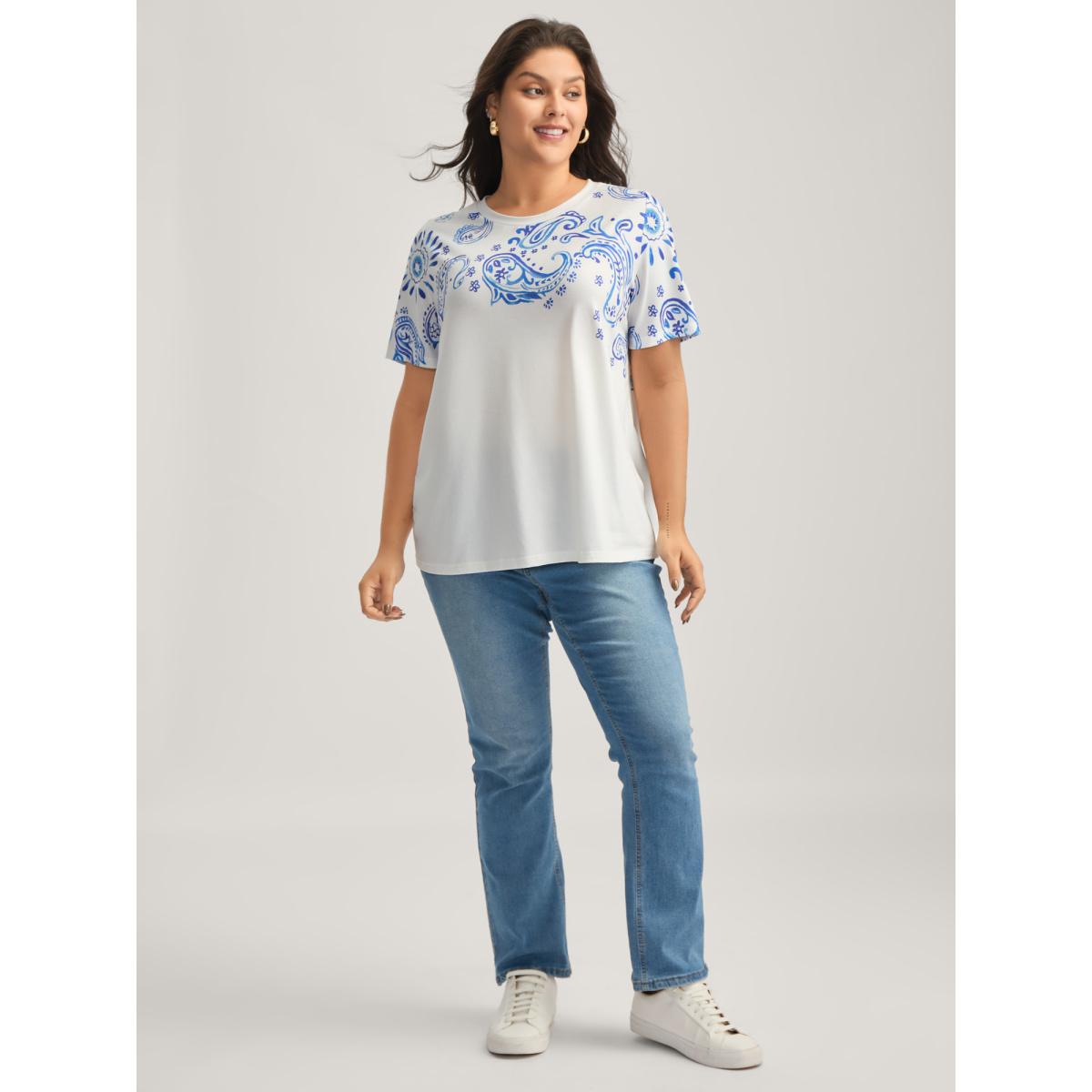 Plus Size Paisley Print Solid T-Shirt Originalwhite Women Round Neck Everyday-Casual T-shirts BloomChic 26/4X Product Image