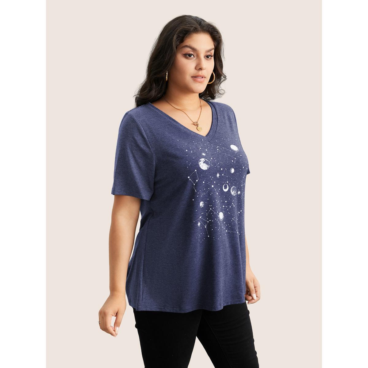 Plus Size Moon and Star Print V Neck T-shirt DarkBlue Women Leisure Non Star and moon V-neck Casual T-shirts BloomChic 14-16/1X Product Image