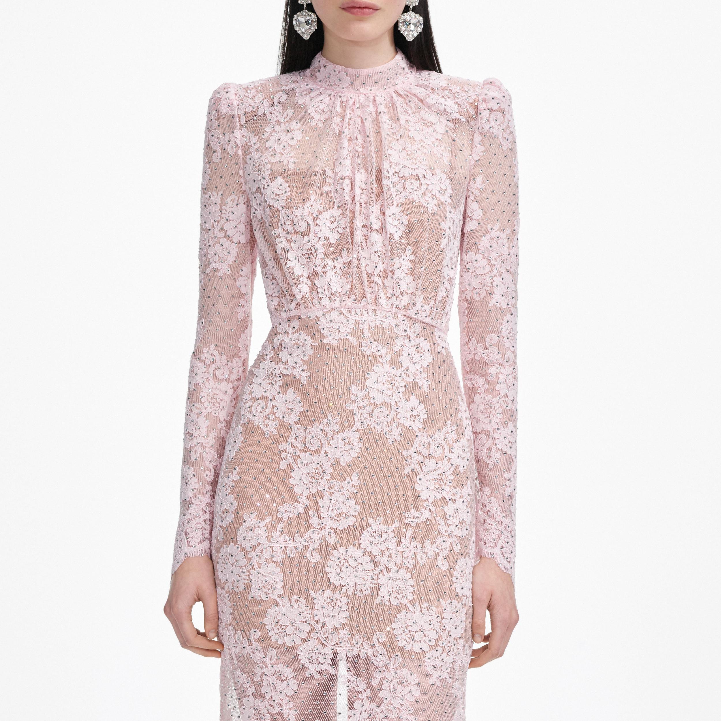 Pale Pink Rhinestone Lace Maxi Dress Product Image