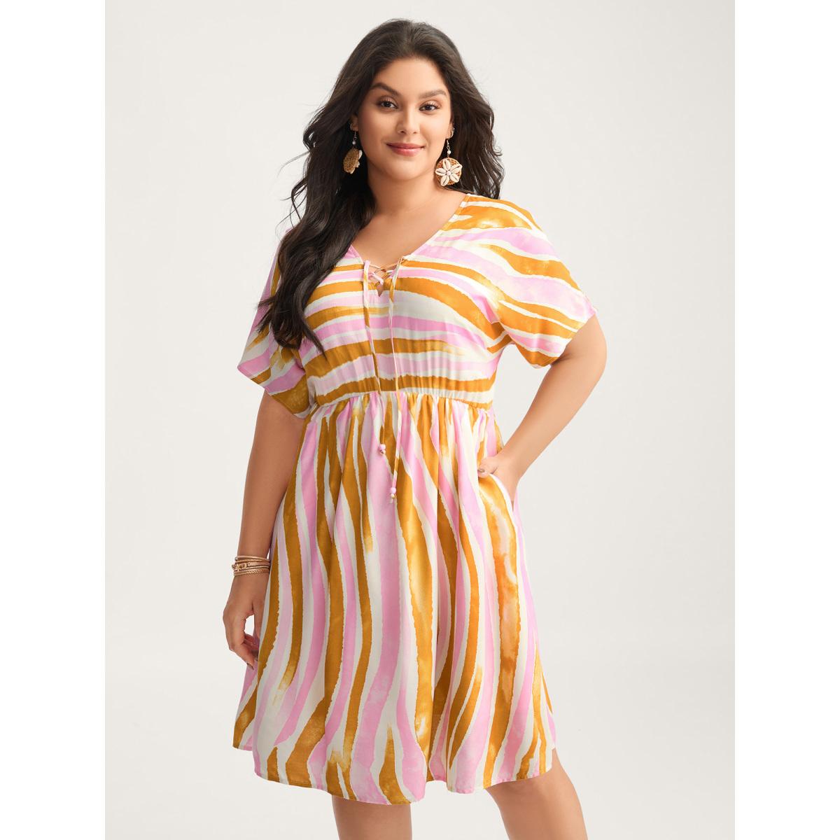 Plus Size Wavy Stripes Neck Tie Tiered Midi Dress Peach Women V-neck Short sleeve Curvy BloomChic 26/4X Product Image