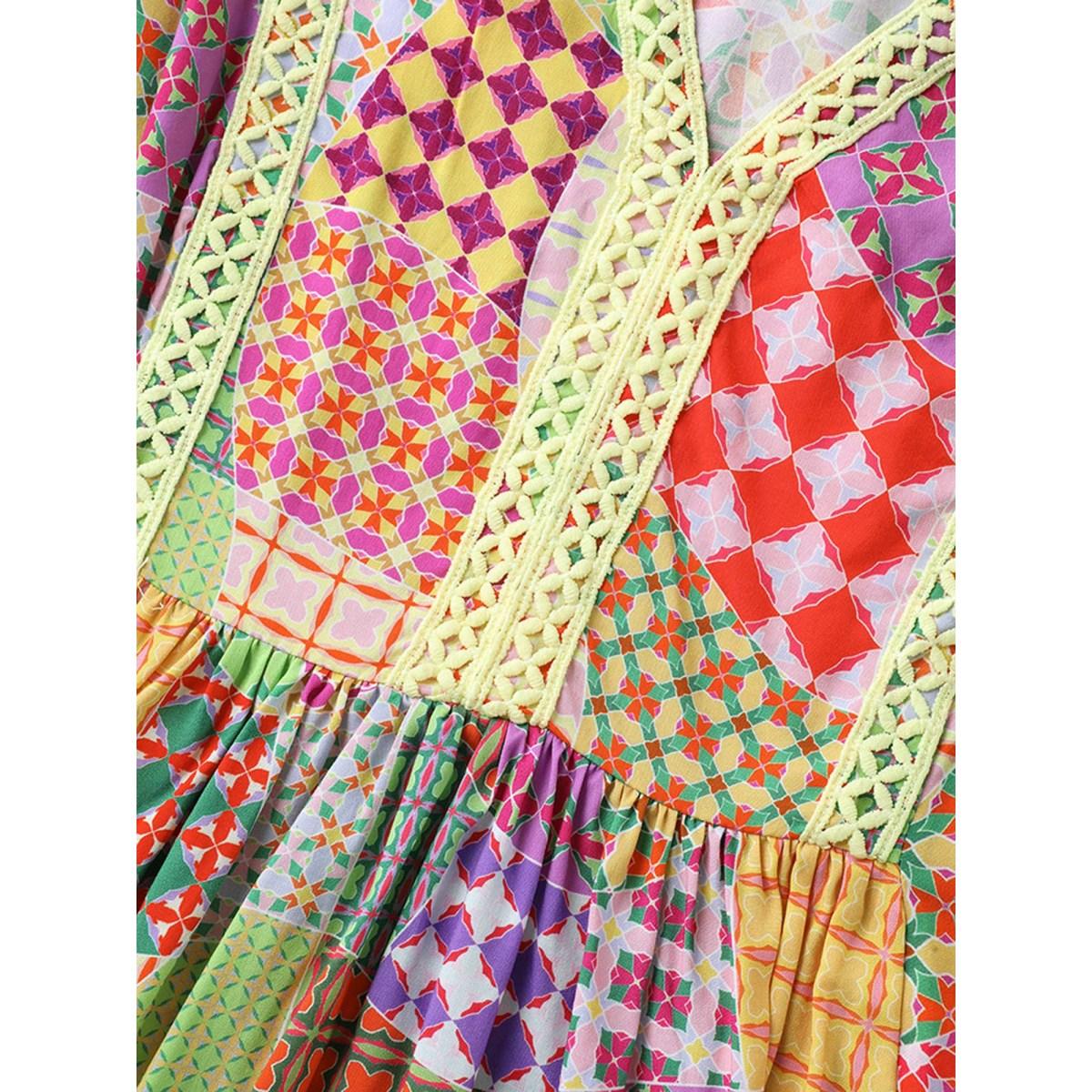 Plus Size Multicolor Vibrant Collage Print Babydoll Top Women Playful Short sleeve Deep V-neck Vacation Blouses BloomChic 26/4X Product Image