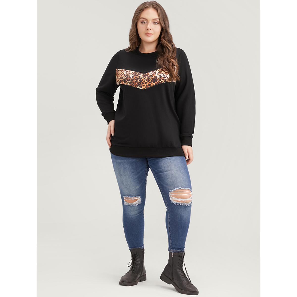 Plus Size Leopard Patchwork Round Neck Drop Shoulder Sweatshirt Women Black Casual Patchwork Round Neck Dailywear Sweatshirts BloomChic 10/M Product Image