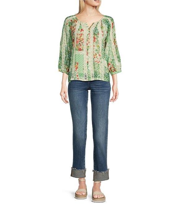 Figueroa & Flower Woven Printed Lace Detail Scoop Neck Long Sleeve Blouse Product Image