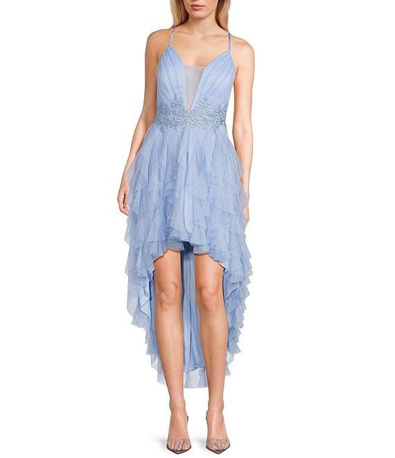 Pear Culture Spaghetti Strap Hi-Low Embroidered Applique Dress Product Image