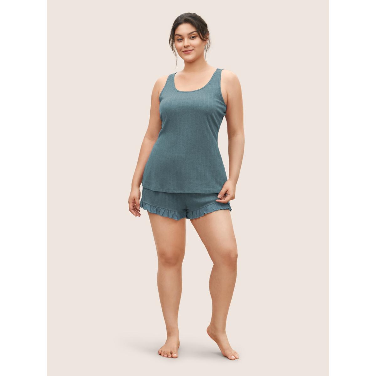 Plus Size Texture Patchwork Ruffles Drawstring Loungewear Set Women Teal Texture Sleeveless Non Lounge Loungewear Sets BloomChic 28/5X Product Image
