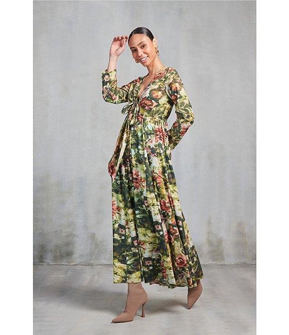 Ro's Garden Angela Woven Floral Print V-Neck Bow Tie Long Sleeve Flounce A-Line Maxi Dress Product Image