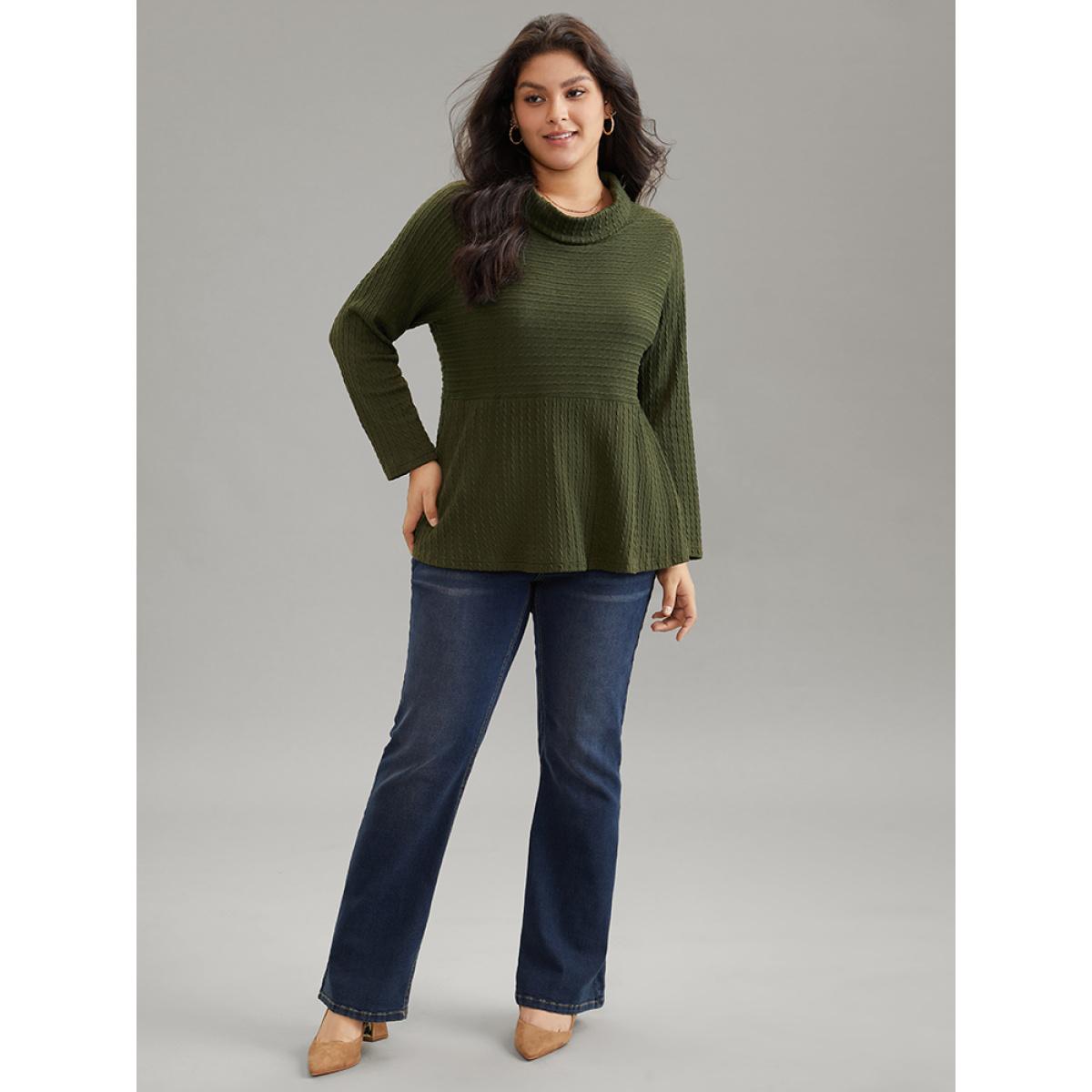 Plus Size Solid Textured Mock Neck Jacquard Sweatshirt Women Green Elegant Texture Mock Neck Dailywear Sweatshirts BloomChic 14-16/1X Product Image