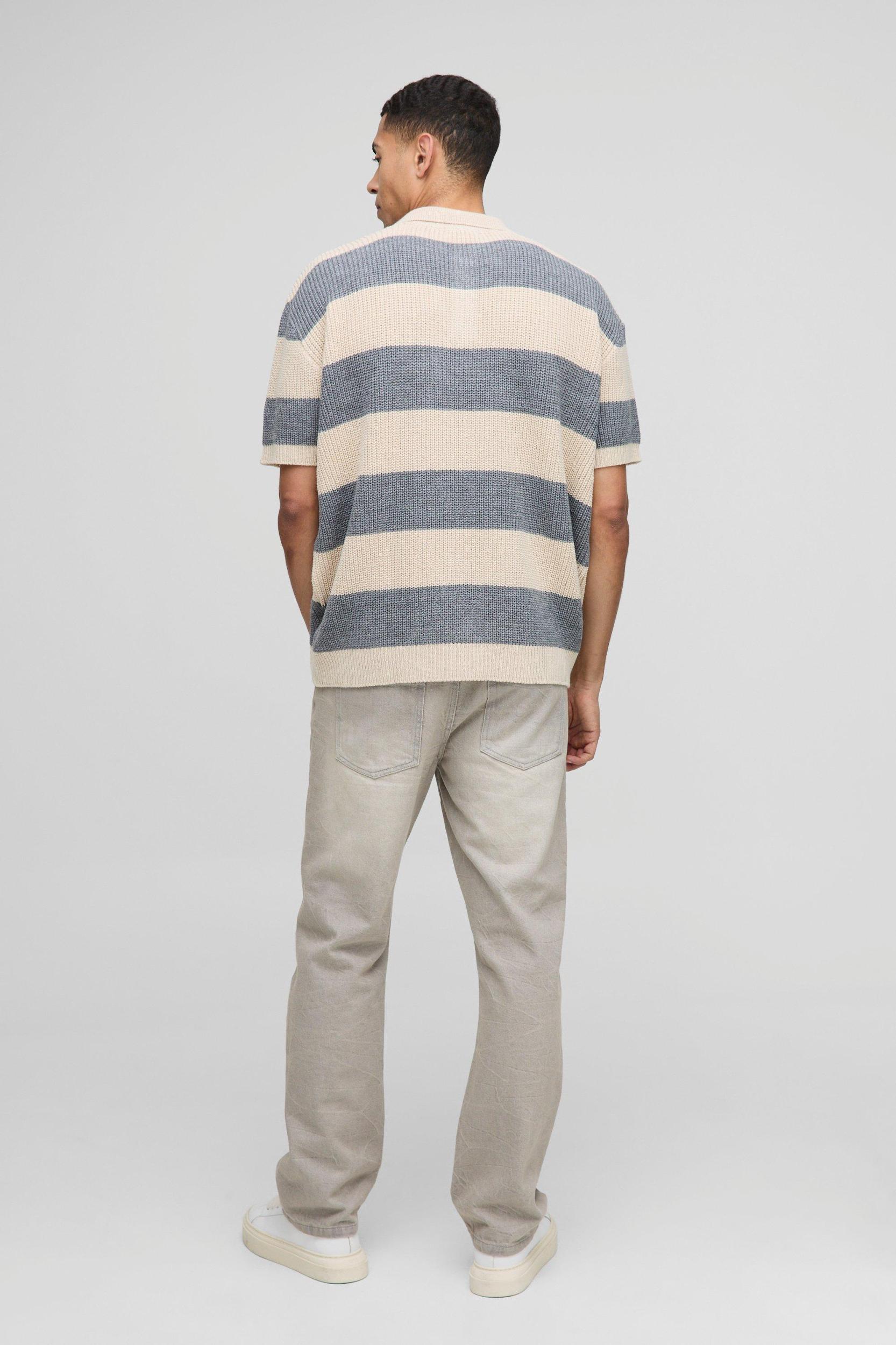 Oversized Embroidered Striped Short Sleeve Knitted Polo | boohooMAN USA Product Image