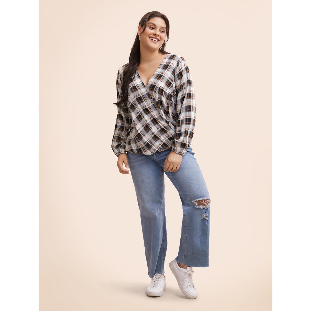 Plus Size Browncoffeecolor Plaid Overlap Collar Patch Pocket Blouse Women Casual Three Quarter Length Sleeve Overlap Collar Everyday Blouses BloomChic 28/5X Product Image