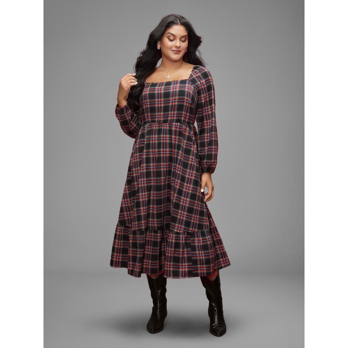 Plus Size Plaid Square Neckline Puffy Sleeve Midi Dress Black Women Elegant Non Square Neck Long Sleeve Curvy BloomChic 14-16/1X Product Image