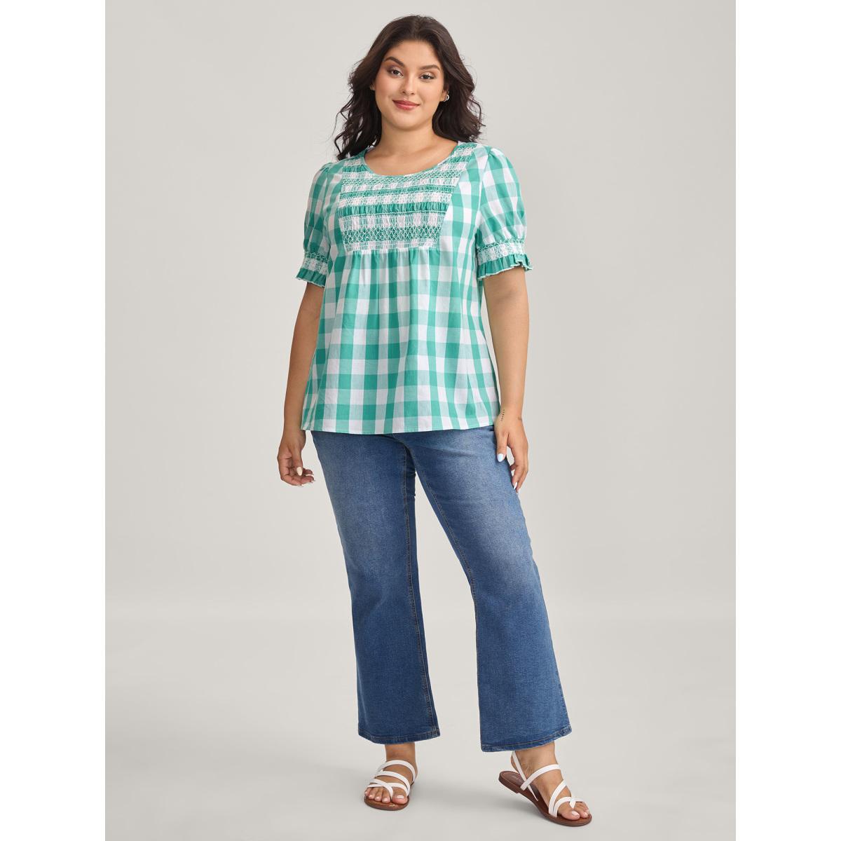 Plus Size Turquoise Cotton Plaid Print Shirred Neck Puffy Blouse Women Short sleeve Round Neck Everyday-Casual Blouses BloomChic 26/4X Product Image
