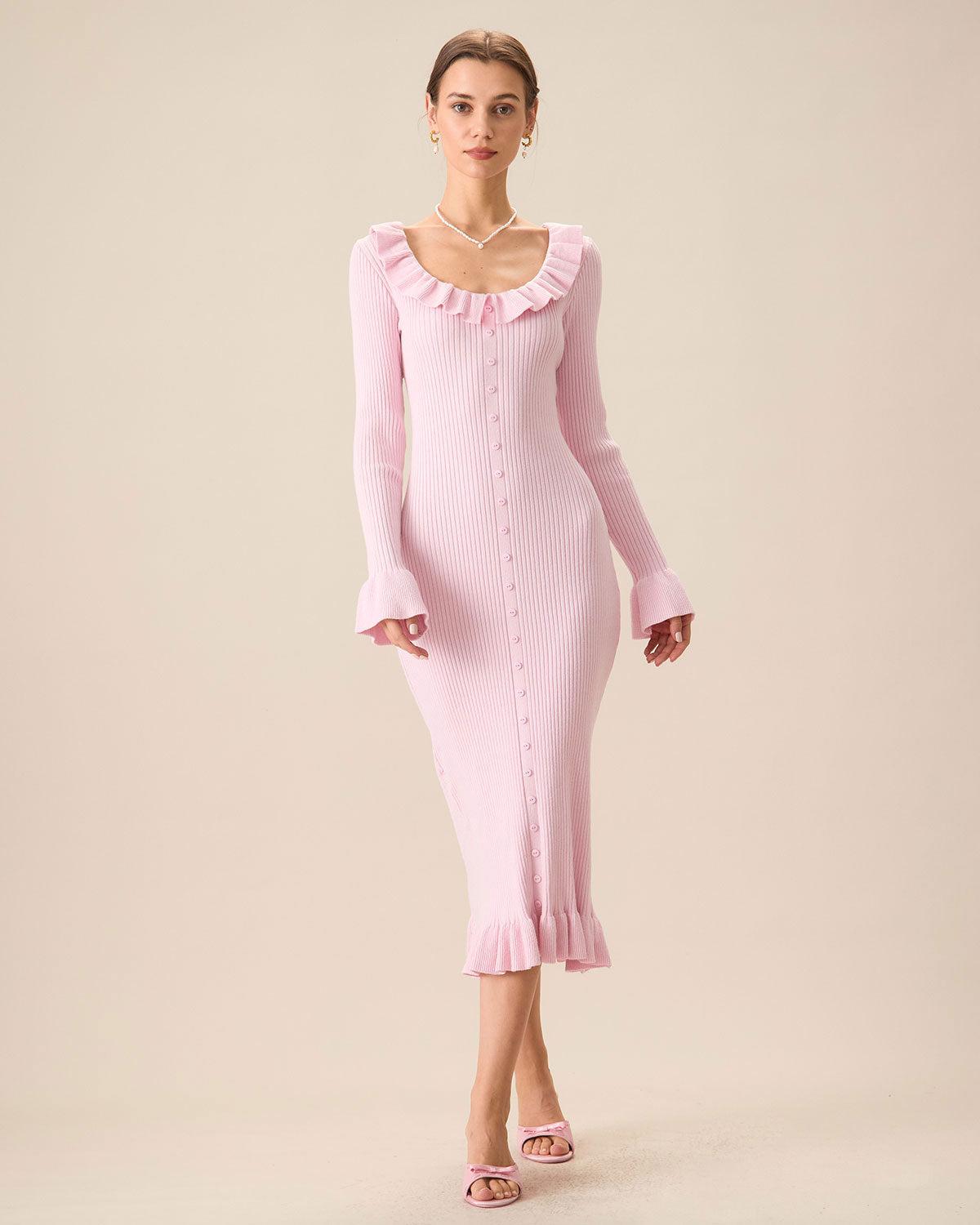 Women's Pink U-Neck Ruffle Bodycon Sweater Dress Female Product Image