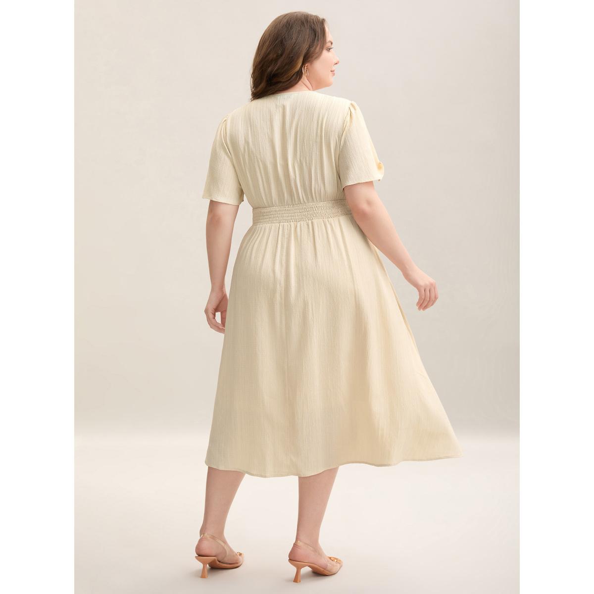 Plus Size Pleated Waist Textured Shirred Midi Dress Apricot Women At the Office Texture Overlap Collar Short sleeve Curvy BloomChic 22-24/3X Product Image