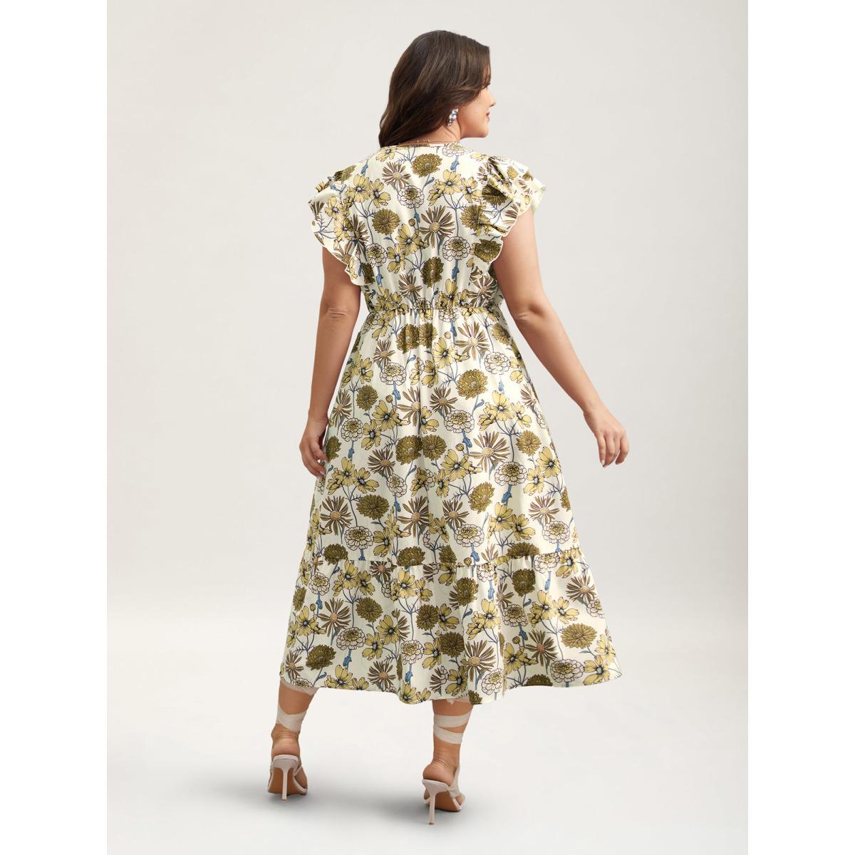 Plus Size Ruffled Floral Print Stretchy-Waist Midi Dress Lightyellow Women Elegant Ruffles Round Neck Cap Sleeve Curvy BloomChic 30/6X Product Image