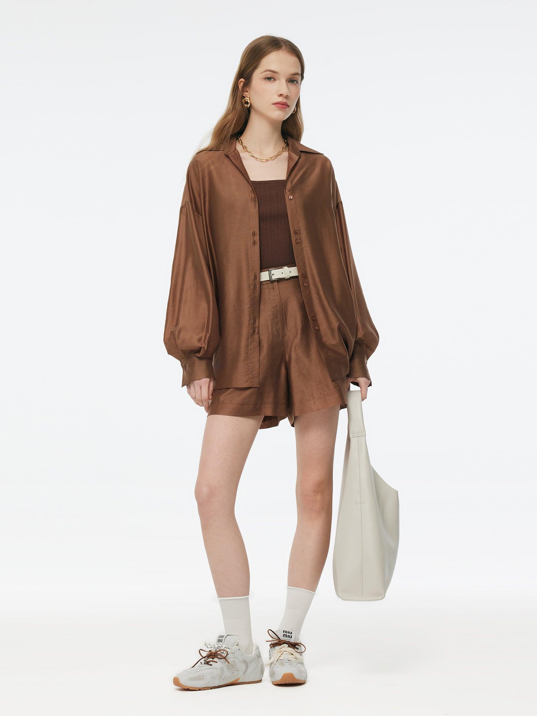 Tencel Blend Shirt And Knit Camisole Two-Piece Set Product Image