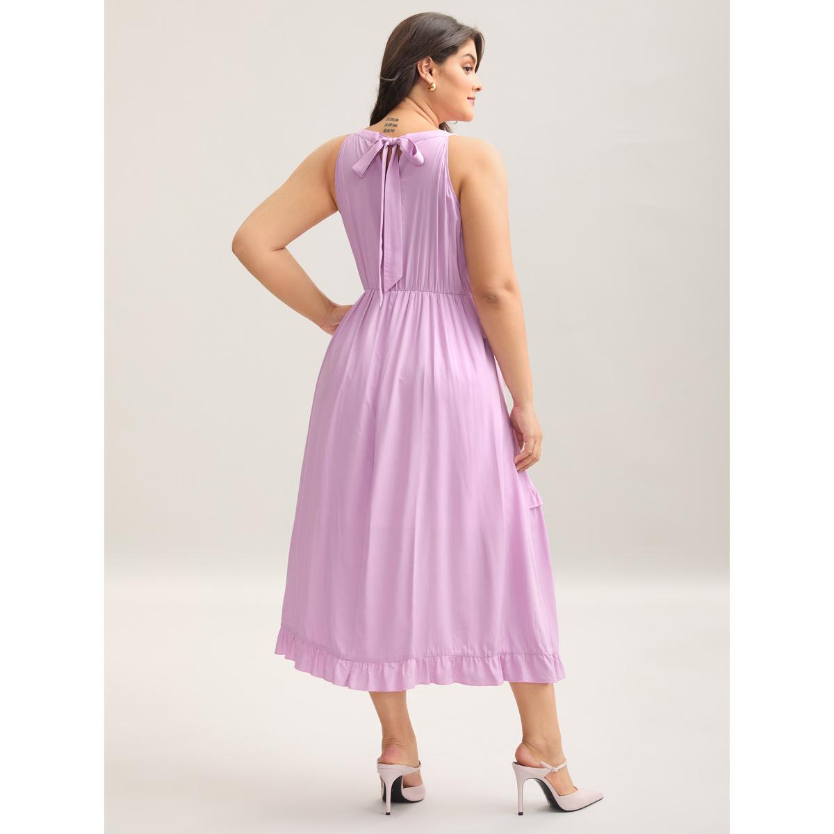Plus Size Halter Neck Tiered Ruffles Pocket Midi Dress Lilac Women Halter neck Sleeveless Curvy BloomChic 28/5X Product Image