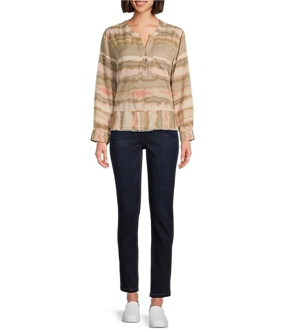 Westbound Woven Diffused Stripe Long Roll-Tab Sleeve Henley Patch Pocket Top Product Image