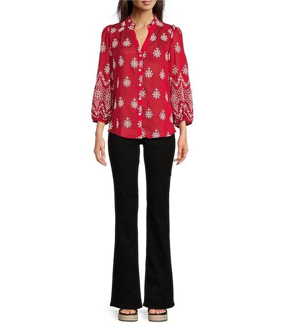 Calessa Embroidered Split V-Neck 3/4 Sleeves Button Front Tunic Product Image