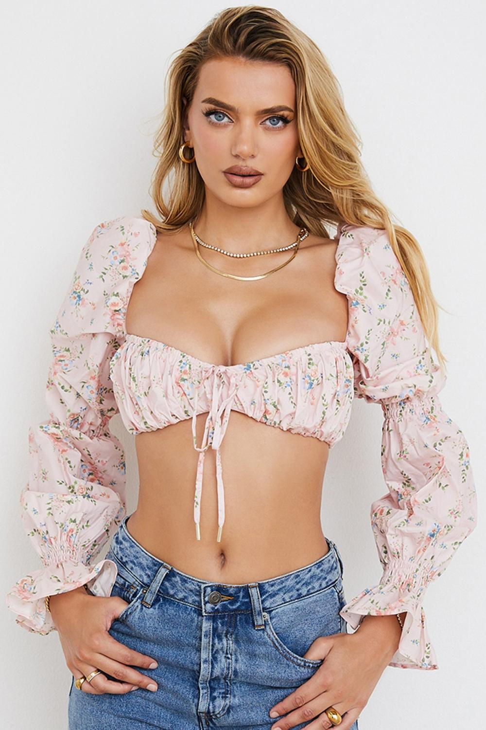 Henrietta  pink floral shirred bralette top Product Image