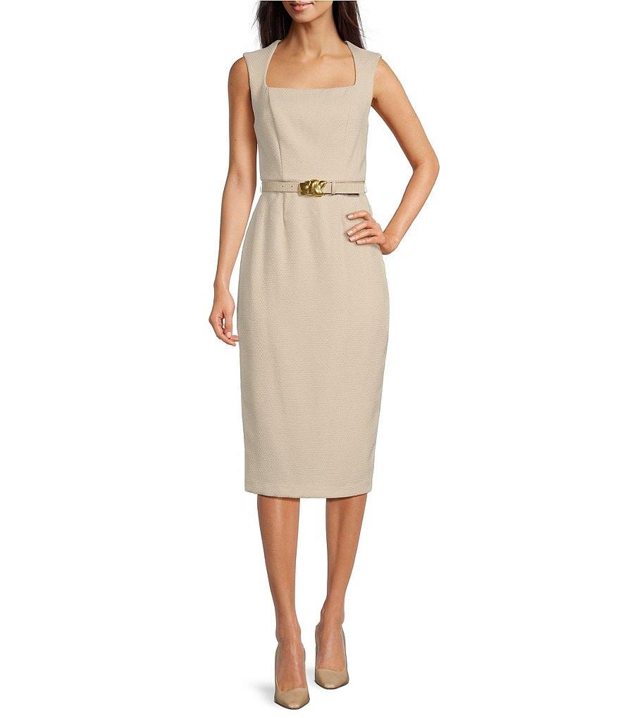 Donna Karan Tweed Square Neck Sleeveless Belted Sheath Midi Dress Product Image