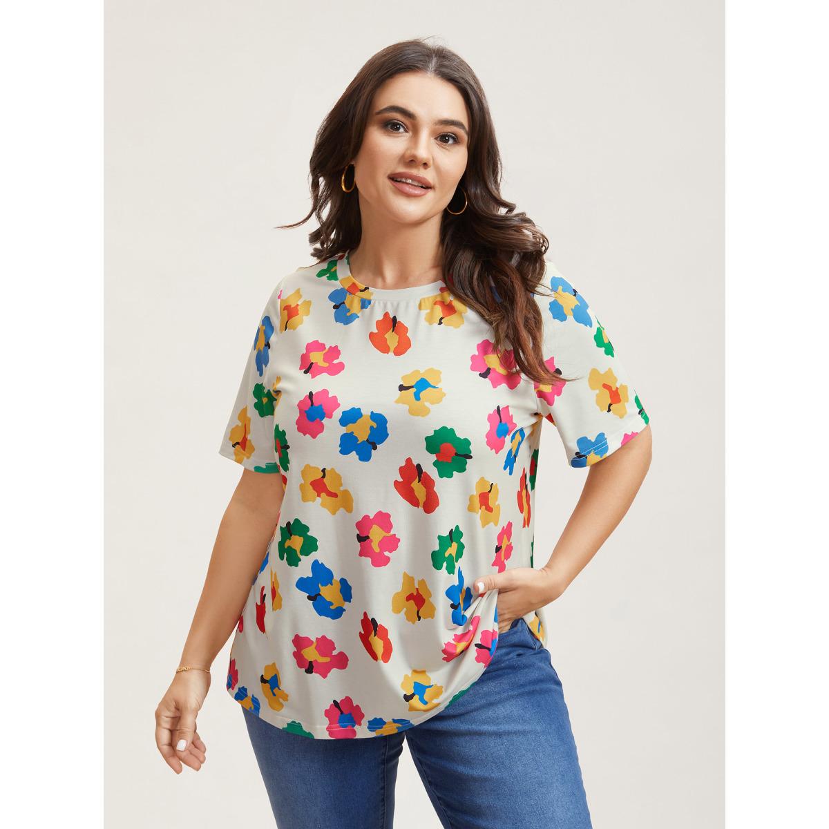 Plus Size Multi-Color Floral Print Fitted T-Shirt Multicolor Women Casual Non Round Neck Everyday T-shirts BloomChic 22-24/3X Product Image