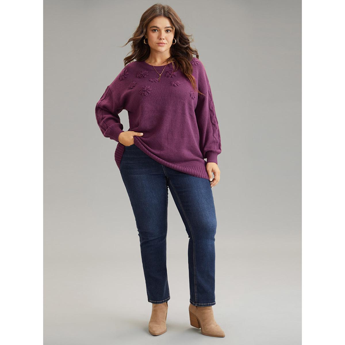 Plus Size Plisse Floral Solid Elastic Cuffs Pullover Purple Women Casual Loose Long Sleeve Round Neck Dailywear Pullovers BloomChic 14-16/1X Product Image