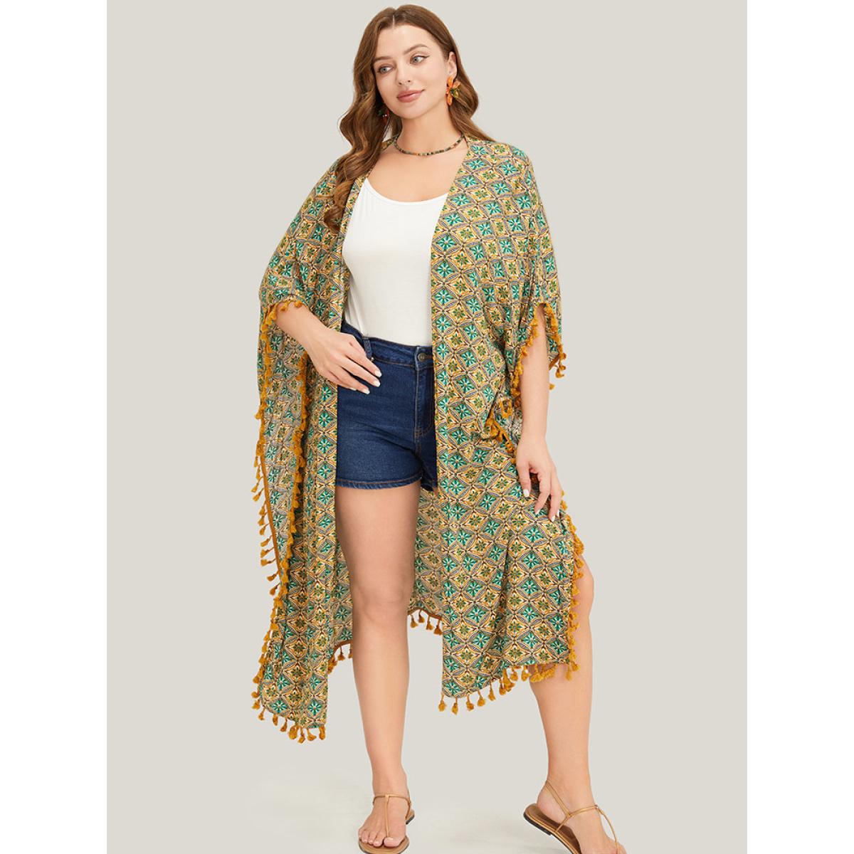 Plus Size Bandana Batwing Sleeve Tassels Trim Split Open Front Kimono Women Mint Vacation Loose Belt Dailywear Kimonos BloomChic 22-24/3X Product Image
