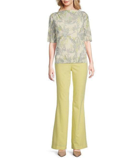 Calvin Klein Printed Mesh Knit Crew Neck Short Sleeve Pleated Blouse Product Image