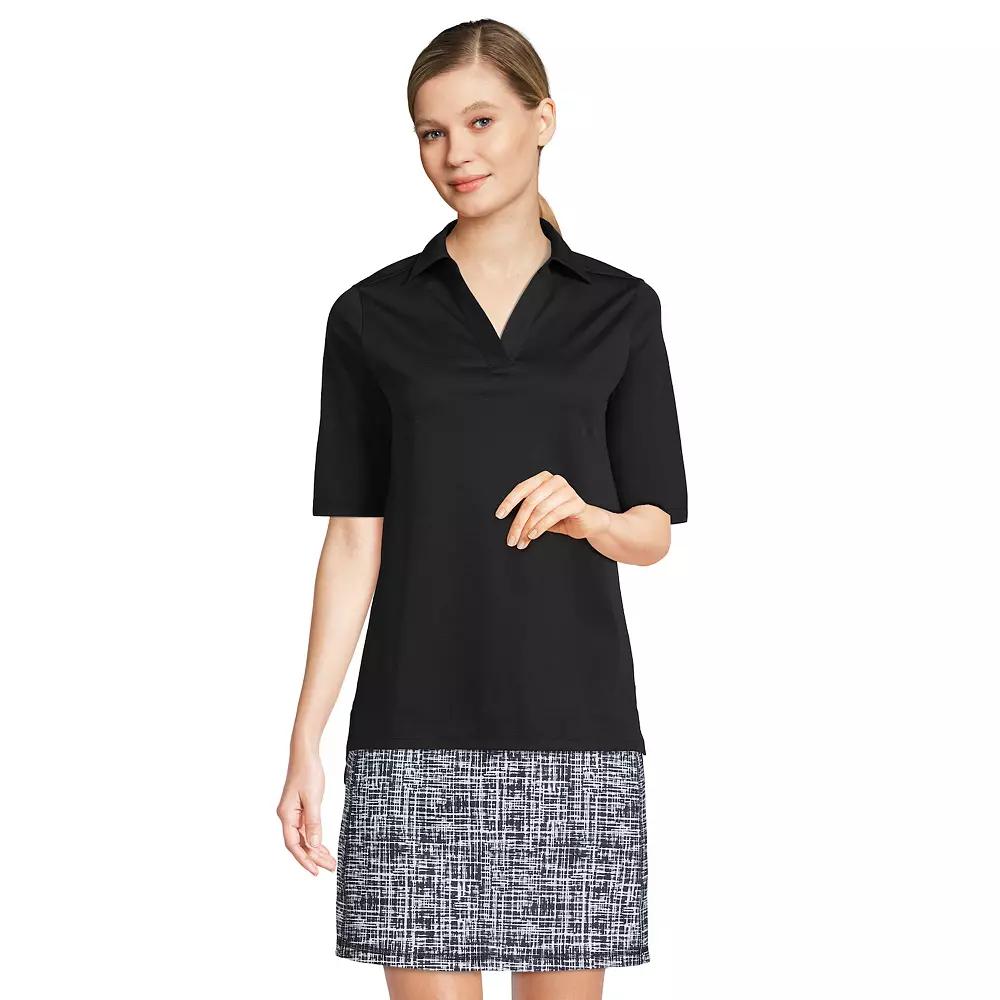 Women's Lands' End Performance Elbow Sleeve Pique Polo Top, Size: Medium, Black Product Image