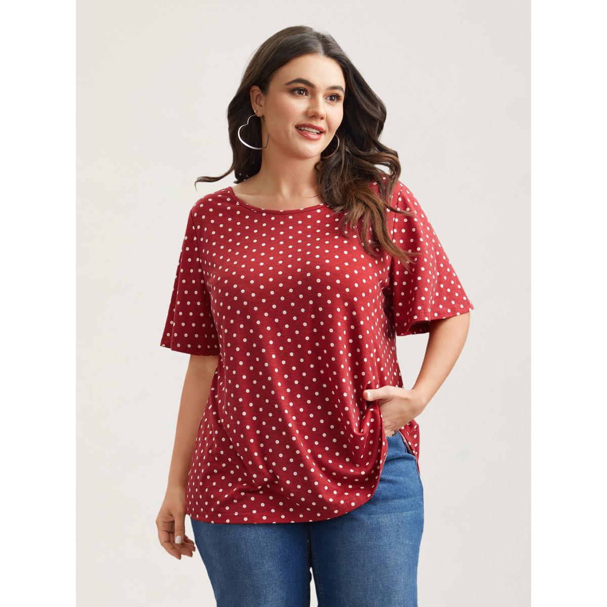 Plus Size Polka Dot Back-Tie Flared Sleeve T-Shirt Raspberry Women Casual Gathered Round Neck Everyday T-shirts BloomChic 18-20/2X Product Image