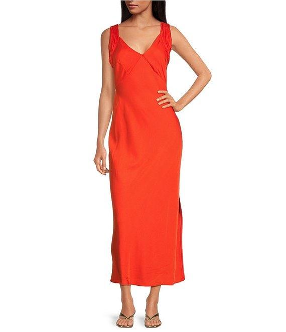 French Connection Ennis Satin V-Neck Wide Ruched Straps Sheath Maxi Dress Product Image