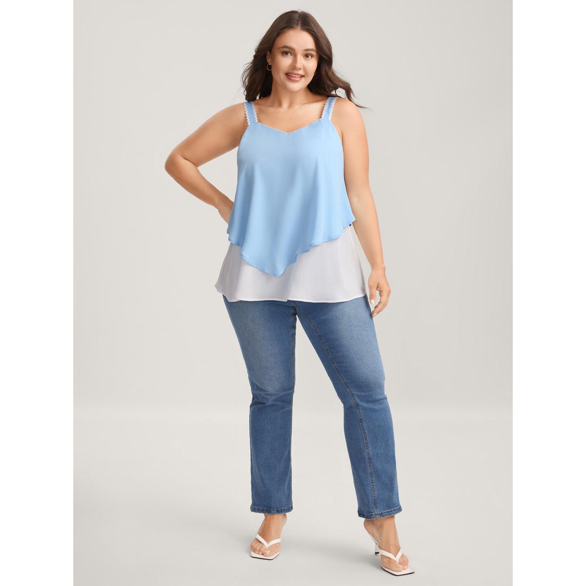 Plus Size Soft Color Contrast Ribbon Tank Top Women LightBlue Woven ribbon&lace trim Non Everyday-Elegant Tank Tops Camis BloomChic 14-16/1X Product Image