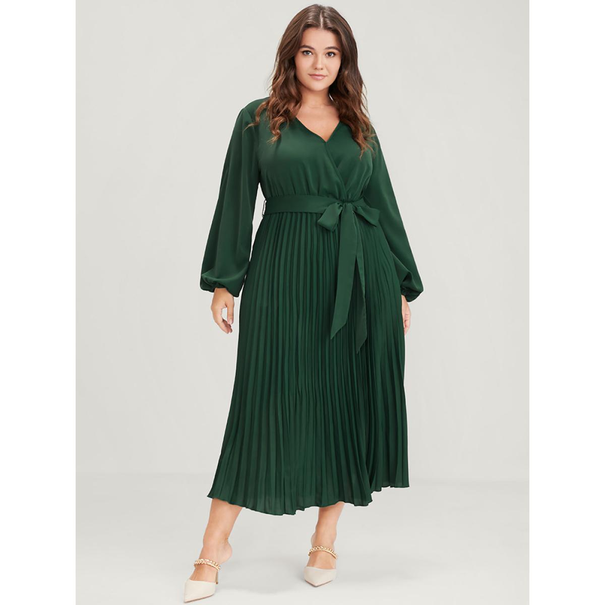 Plus Size Solid Lantern Sleeve Belted Pleated Wrap Dress DarkGreen Women Leisure Plain V-neck Long Sleeve Curvy Midi Dress BloomChic 10/M Product Image