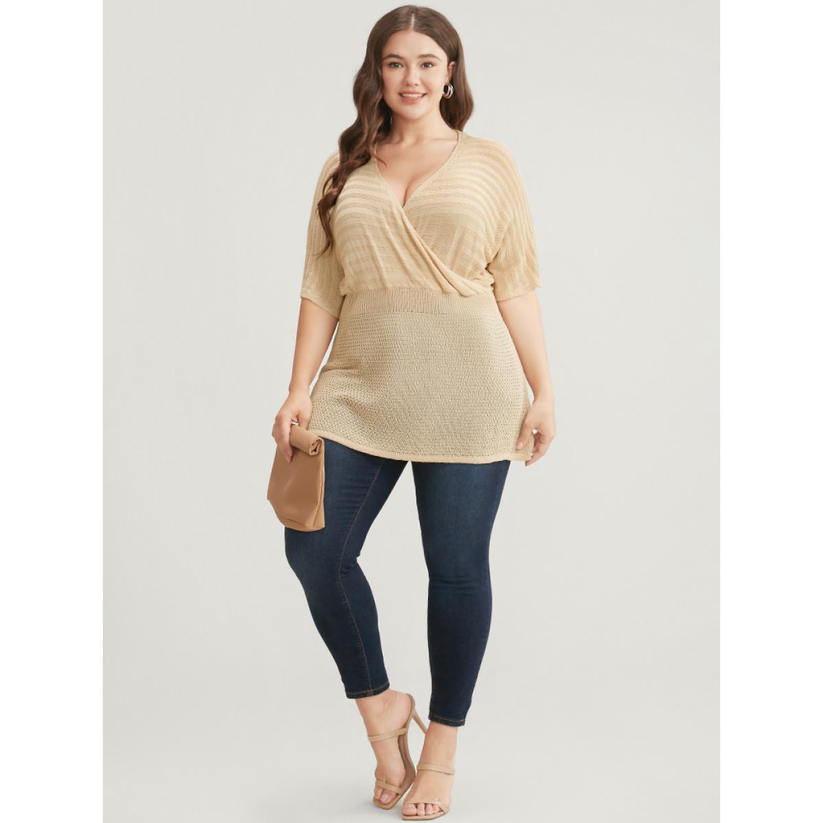 Plus Size Plain Dolman Sleeve Wrap Knit Top Champagne Women Casual Short sleeve V-neck Dailywear Pullovers BloomChic 14-16/1X Product Image