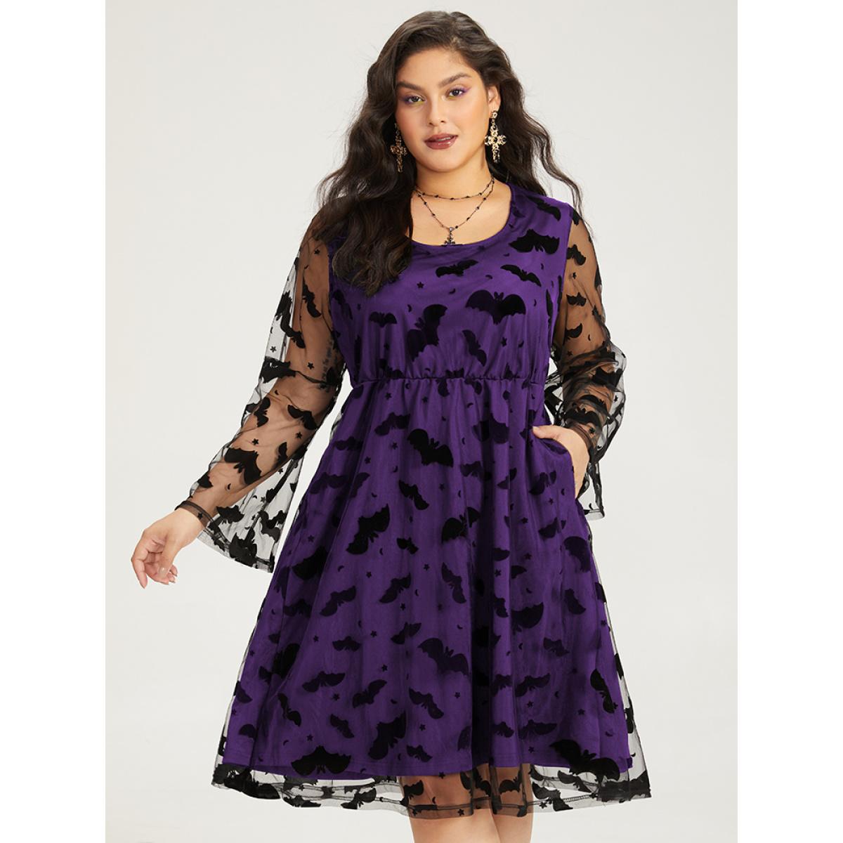 Plus Size Halloween Bat Print Mesh Long Sleeve Dress Purple Women Elegant See through Round Neck Long Sleeve Curvy Midi Dress BloomChic 12/L Product Image