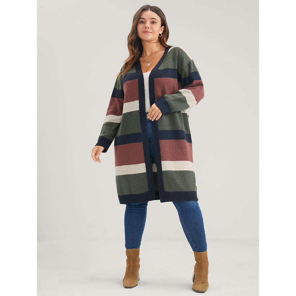 Plus Size Colorblock Contrast Pointelle Knit Heather Open Front Long Cardigan Multicolor Women Casual Loose Long Sleeve Dailywear Cardigans BloomChic 30/6X Product Image