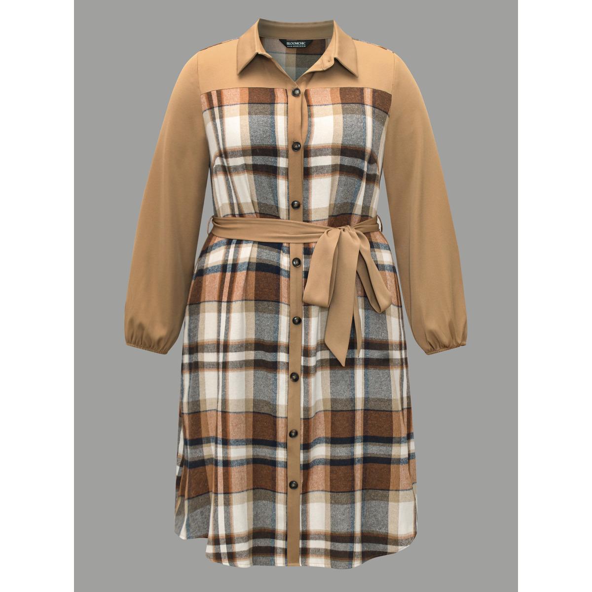 Plus Size Shirt Collar Plaid Patchwork Belted Dress Bronze Women Casual Belted Shirt collar Long Sleeve Curvy BloomChic 14-16/1X Product Image