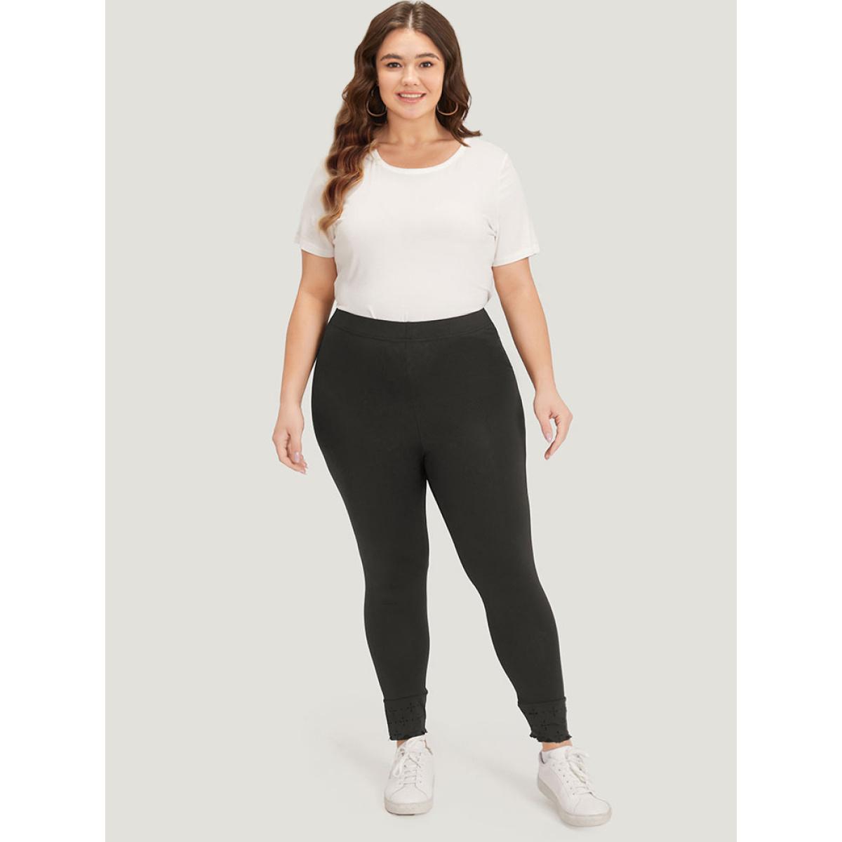 Plus Size Plain Distressed Roll Hem Skinny Leggings Women Black Casual High stretch Skinny High Rise Dailywear Leggings BloomChic 12/L Product Image